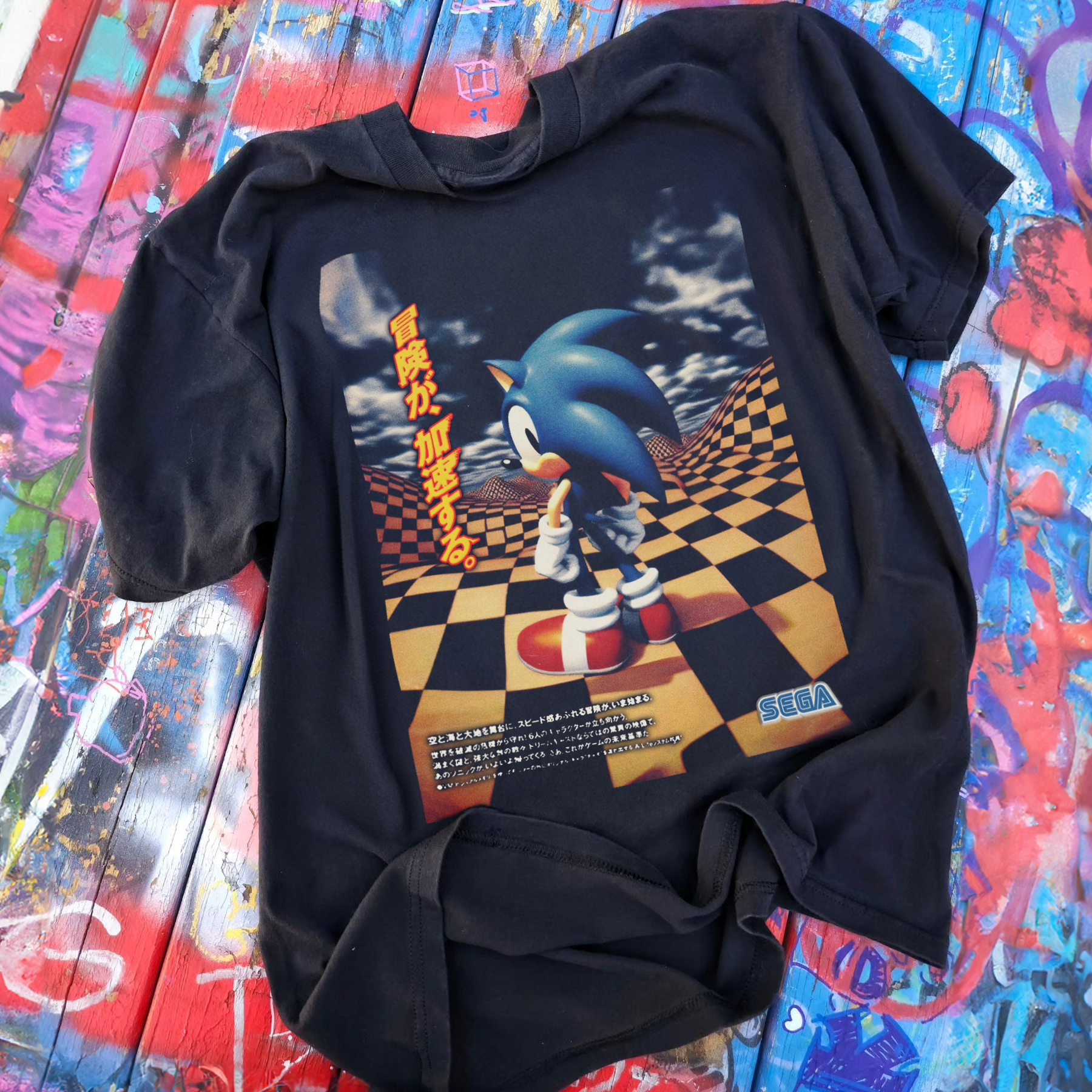 90s Washed Black Sonic 3D Japanese Tee