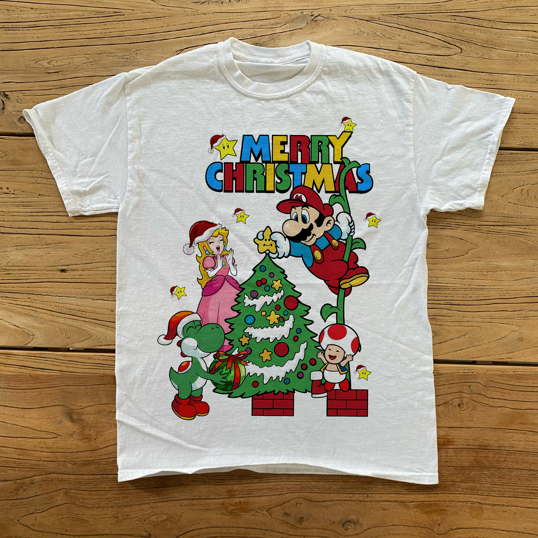 80s Super Mario Christmas Vintage White Tee